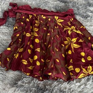 Tara Jarmon Burgundy and Yellow Silk Floral Skirt